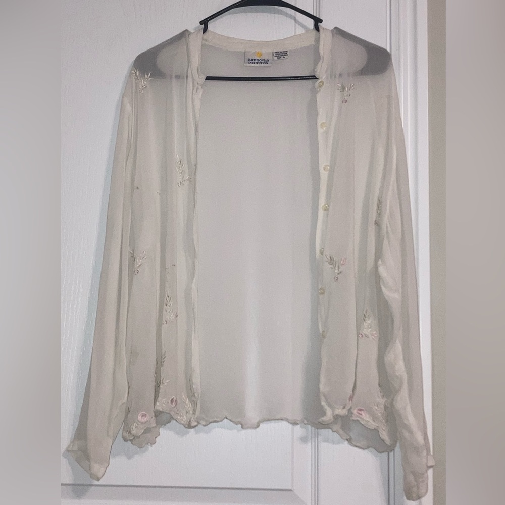 SMITHSONIAN INS.| Sheer Button Down |Pastel Green & Pink embroidered flowers